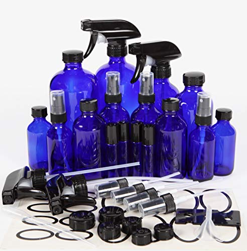 Product Cover Vivaplex, Cobalt Blue, Glass Bottle Set, 16oz (x2), 8oz (x2) with Trigger Sprayers. 4oz (x4), 2oz (x4) with Fine Mist Sprayers, 10 ml Stainless steel Roller Bottles (x4) - Plus Accessories