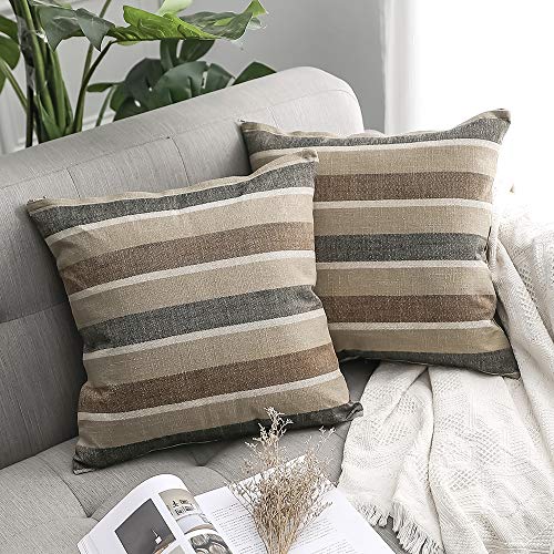 Product Cover MIULEE Pack of 2 Decorative Classic Retro Stripe Throw Pillow Covers Cotton Linen Modern Farmhouse Pillow Case Coffee Cushion Case for Sofa Bedroom Car 20 x 20 Inch 50 x 50 cm