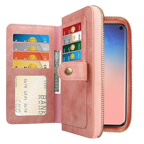 Product Cover HianDier Case for Galaxy S10 Case Card Holder Case Lady Handbag Purse Case Women Girls Zipper Closure Protective Magnetic Detachable PU Leather Flip Wallet Case Cover for Galaxy S10, Pink