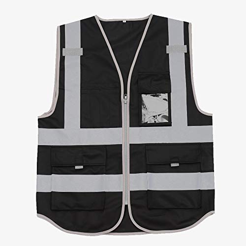 Product Cover Black Safety Vest Reflective With Pockets And Zipper Construction Vest With Reflective Stripes High Visibility Work Uniforms (3XL, Black)