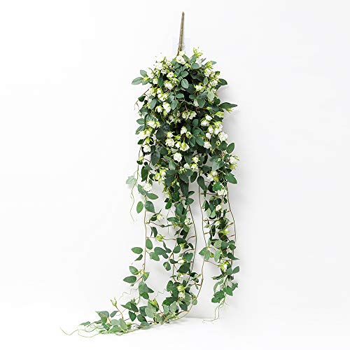Product Cover JUSTOYOU Artificial Hanging Rose Vine Plants 5FT Long Fake Flower Greeny Chain Wall Home Room Garden Wedding Indoor Outdoor Decorative (White)
