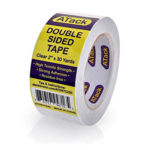 Product Cover ATack Clear Double-Sided Tape, Easy Tear by Hand, 2 Inches x 30 Yards, Wall Safe Heavy Duty Double Sides Self Sticky Wall Fabric Tape for Wood Templates, Furniture, Leather, Curtains and Craft