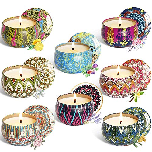 Product Cover YIH Gift Package Scented Candles Lemon, Fig, Lavender, Spring Fresh,Rose ，Jasmine，Vanilla，Bergamot，Natural Soy Wax Portable Travel Tin Candle,Set of 8