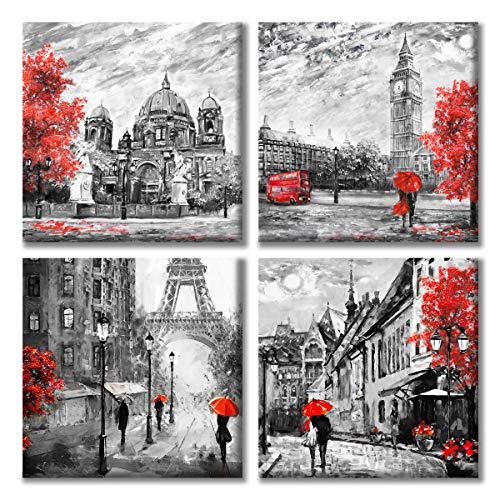 Product Cover Paimuni Black White Red Contemporary Wall Art Big Ben Eiffel Tower Berlin Street Oil Painting Printed on Canvas Romantic Picture Framed Artwork Prints for Wall Decor 12x12 Inches