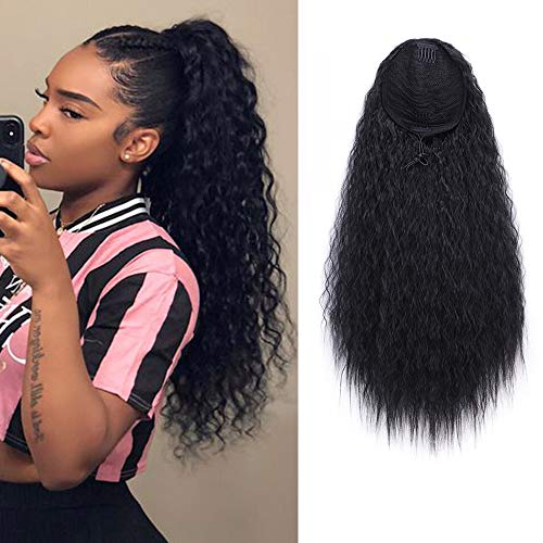 Product Cover AISI BEAUTY Long Curly Drawstring Ponytail for Women 22 inch Clip in Wavy Natural Ponytail Extension for Womens(1B)
