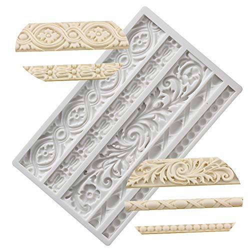 Product Cover Neepanda DIY Baroque Scroll Relief Cake Border Silicone Molds, Baroque Style Curlicues Scroll Lace Fondant Silicone Mold, European Frame Cake Decorating Tools, Relief Flower Lace Mould Mat(Gray)