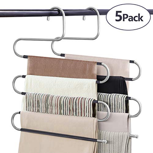 Product Cover VIS'V Pants Hangers, Multilayer Pants Hangers Trouser Hangers S Shaped Non Slip Stainless Steel Metal Hangers Space Saving Closet Storage for Trousers Jeans Shirt Scarf Tie - 5 Packs