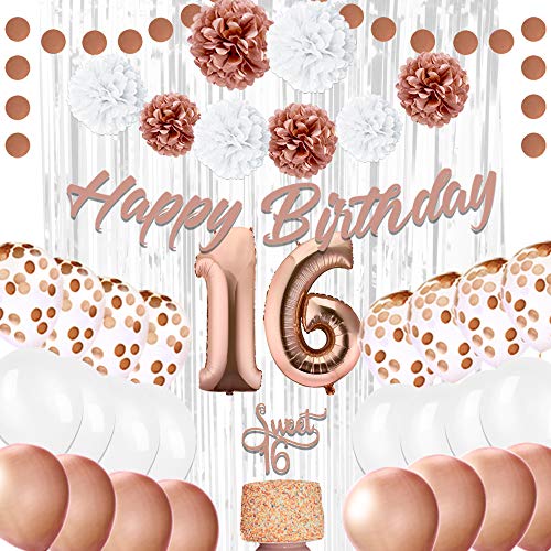 Product Cover EpiqueOne 16th Birthday Party Decorations - Balloons Party Supplies Kit - Sweet 16 Rose Gold Décor with 2 Silver Curtains, Balloons, Banner, Mylar & Pompons - Royal Event Décor Props for Girls