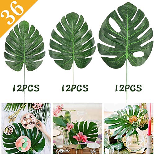 Product Cover AerWo 36Pcs 3Kinds Artificial Tropical Palm Leaves with Stems, Faux Monstera Leaves Safari Leaves for Hawaiian Luau Party Supplies Tiki Aloha Jungle Beach Birthday Party Table Leaves Decorations