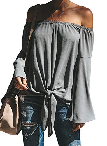 Product Cover Dearlove Womens Casual Solid Ruffle Long Sleeve Off Shoulder Tube T-Shirt Work Office Shirt Blouses Gray Plus Size 1X