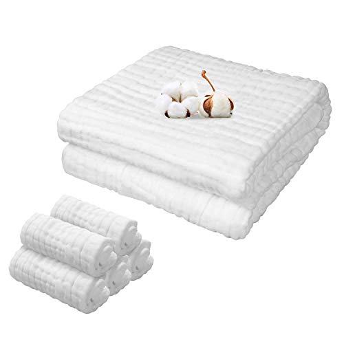 Product Cover Baby Towels Muslin Washcloths Set - 1 Large Bath Blanket & 5 Washcloths, 6 Layers 100% Cotton, Super Absorbent and Soft, Suitable for Baby's Skin (White+ 5 White)
