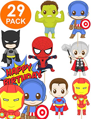 Product Cover Super Cute Superhero Party Supplies + FREE Superhero Cake Topper - Superhero Birthday Party Supplies - Superhero Cupcake Toppers for Superhero Party for Marvel Party Supplies - Superhero Decoration