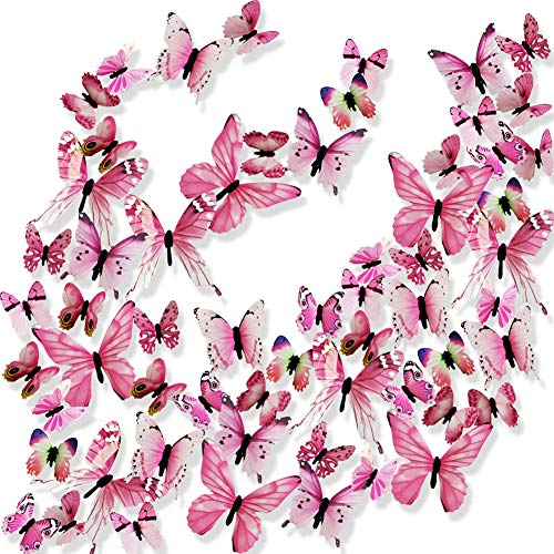 Product Cover Ewong 3D Butterfly Wall Stickers Arts Decor Crafts for Kids Girls, Home Decorations for Living Room Baby Bedroom Bathroom Nursery Classroom Office Decals 60PCS (60 Pink)