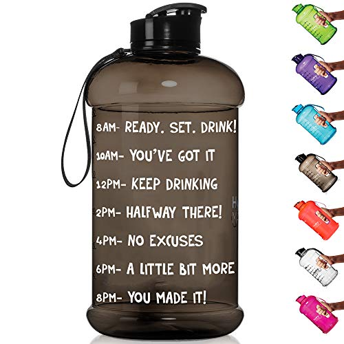 Product Cover HydroMATE Half Gallon Motivational Water Bottle with Time Marker Large BPA Free Jug with Handle Reusable Leak Proof Bottle Time Marked to Drink More Water Daily 64oz