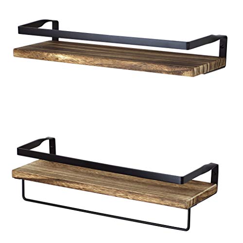 Product Cover Peter's Goods Rustic Floating Wall Shelves with Rails - Decorative Storage for Kitchen, Bathroom, and Bedroom - Elegant, Modern Shelving - Torched Paulownia Wood, Matte Black Metal Frame - Set of 2