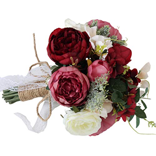 Product Cover Danyerst 7 Colors Vintage Roses Artificial Flowers Fake Bouquet with Linen Rope Bowknot Bridal Bridesmaid Wedding Floral Arrangements Home Office Yard Party Hotel Decorations Gift (Wine Red)