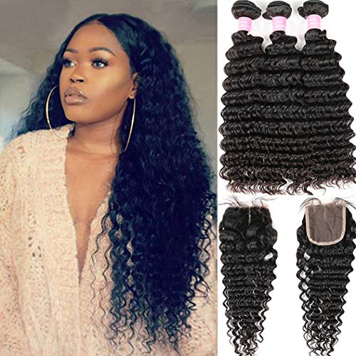 Product Cover Brazilian Deep Wave 8A Unprocessed Virgin Hair 3 Bundles with Middle Part Lace Closure 4×4 Lace Mixed Length Hair Bundles Natural Color or Black Women (28 28 28+20)