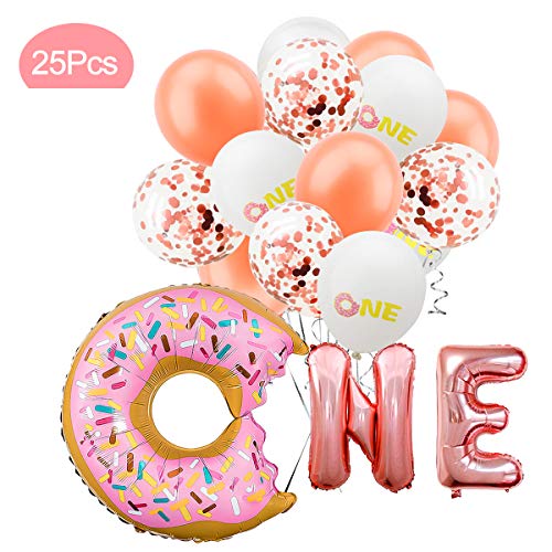Product Cover Donut Balloon Kit - 26Pcs - First Birthday Party Decorations - Donut One Foil Letter Balloons | 7Rose Gold Balloon | 7Rose Gold Confetti Balloon | 7ONE Printed Balloon | 1Ribbon
