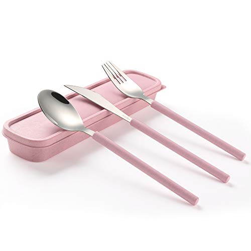 Product Cover YBOBK HOME Portable Flatware Set with Case Stainless Steel Knife Fork and Spoon Reusable Flatware Set Dishwasher Safe Flatware Utensils with Colored Handle for to Go Anywhere (Pink)