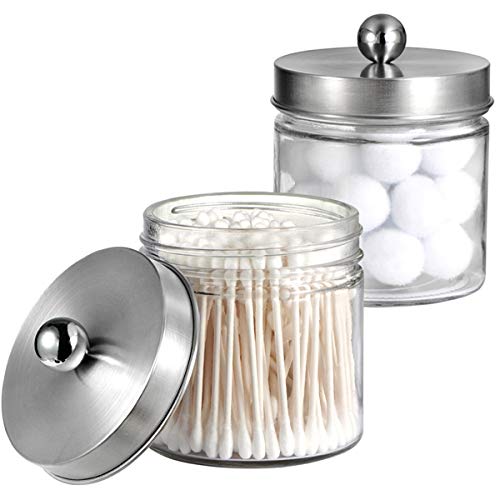 Product Cover Bathroom Vanity Glass Storage Organizer Holder Canister Apothecary Jars for Cotton Swabs, Rounds, Balls, Qtips,Makeup Sponges, Flossers,Bath Salts - 2 Pack, Clear (Brushed Nickel)