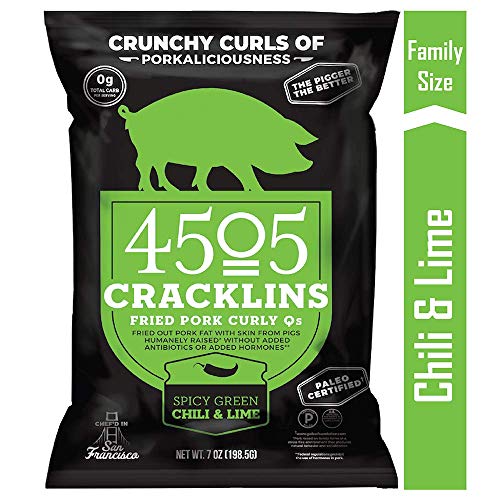 Product Cover 4505 Spicy Green Chili and Lime Cracklins, Pork Curly Q's, Family Size Bag, 7oz