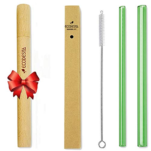 Product Cover Ecodesya Reusable Glass Straws - Two Different Sizes Of Straw,Lenghts 210 mm,Widths 12mm,8mm,Ergonomic Design Wooden Holder,Provides Use With All Drinking Types,Eco Friendly (GREEN)