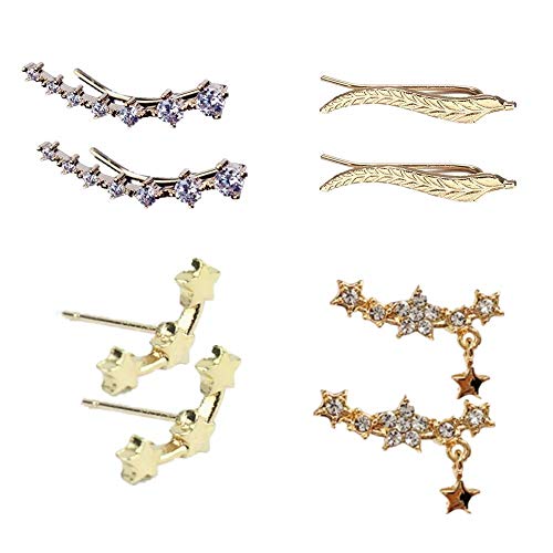 Product Cover 4 Pairs Leaf Ear Climber Cuff Earring for Women, Star Stud earrings, 7 Crystals Ear Cuffs Hoop Climber Earrings