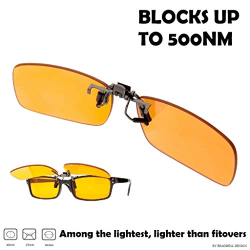 Product Cover Flip Up Clip-On Amber Precision Tinted 99% Blue Light Blocking Glasses for Sleep, Computer & TV Use and Migraine Photophobia (Braddell Optics) Cut Out LED & Fluorescent Glare