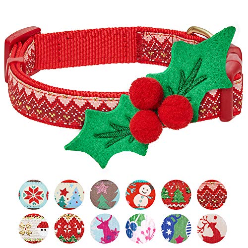 Product Cover Blueberry Pet 2019 New 4 Patterns Christmas Zigzag Chevron Adjustable Dog Collar with Holly Décor, Medium, Neck 14.5