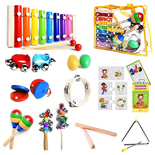 Product Cover SMART WALLABY Musical Instruments Set & Puzzle Card Game for Kids | 15 Pcs. Toddler Wooden Toy Percussion Set with Xylophone Plus a Bonus Instruments Matching Puzzle (Little Band with Matching Puzzle)