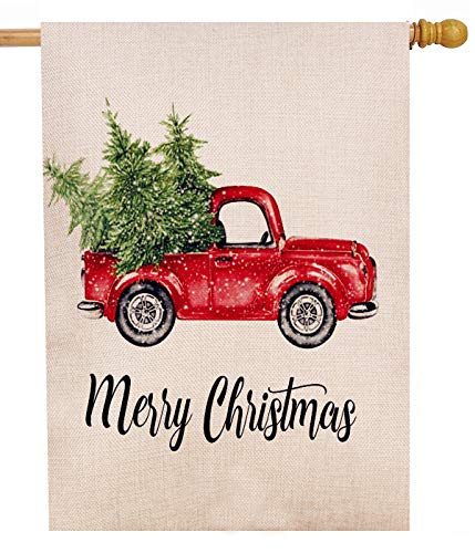Product Cover Dyrenson Merry Christmas Red Truck 28 x 40 House Flag Vintage Tree Double Sided, Xmas Quote Burlap Garden Yard Decoration, Rustic Winter Seasonal Outdoor Décor Decorative New Year Holiday Large Flag