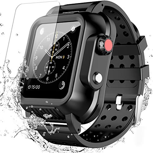 Product Cover Waterproof Case for Apple Watch Series 3 42mm with Premium Soft Silicone Band, SPIDERCASE Built-in Screen Protector Full Body Rugged Armor Case, Anti-Scratch, Shockproof, for Apple Watch Series 3 42mm