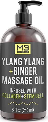 Product Cover M3 Naturals Ylang Ylang and Ginger Massage Oil Infused with Collagen and Stem Cell Therapeutic Sensual Body Lotion Cream Essential Oils for Deep Tissue Relaxation Sore Muscle Tension Relief 8 fl oz