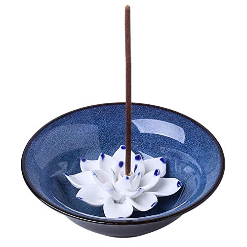 Product Cover Uniidea Incense Holder for Sticks, Ceramic Handicraft Incense Burner Bowl, Coil Lotus Ash Catcher Tray 4.62 Inch Dark Blue