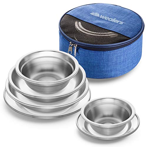 Product Cover Wealers Stainless Steel Plates and Bowls Camping Set Small and Large Dinnerware for Kids, Adults, Family | Camping, Hiking, Beach, Outdoor Use | Incl. Travel Bag (12-Piece Kit)