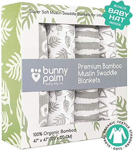 Product Cover Muslin Swaddle Blankets, Unisex Organic Bamboo for Baby Set of 4 Swaddles for Boys and Girls, Soft Swaddling Receiving Sleep Blankets, Grey Unisex Infant Toddler Gender Neutral Baby Hat ...