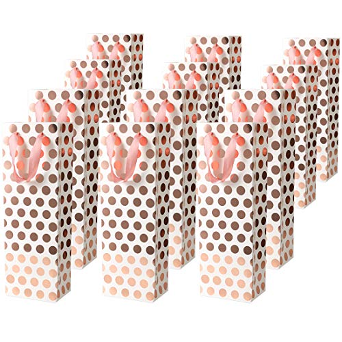 Product Cover UNIQOOO 12Pcs Metallic Rose Gold Foil Wine Gift Bag Bulk,Pink Polka Dots,Large 14x4.75x3.5 Inch, w/Satin Handle,100% Recyclable Paper Bottle Carrier Tote Bags,For Wedding Christmas Birthday Party Wrap