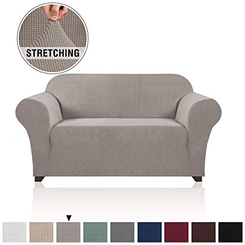 Product Cover High Stretch Sofa Cover for Living Room Lycra Jacquard Knitted Sofa Cover for 2 Cushion Cover Furniture Protector with Elastic Bottom Stylish Sofa Protector for Pet (Loveseat, Taupe)