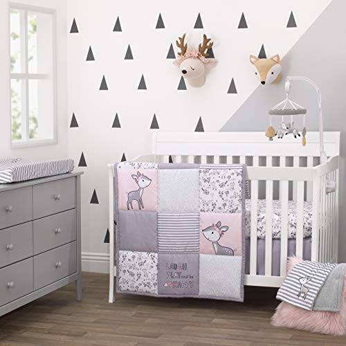 Product Cover Little Love By Nojo Sweet Deer, Grey, Pink, White 3Piece Nursery Crib Bedding Set With Comforter, Fitted Crib Sheet, Dust Ruffle, Pink, Grey, White, Charcoal