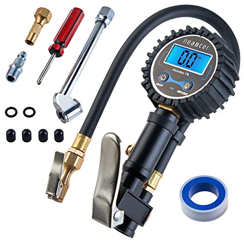Product Cover Digital Tire Pressure Gauge - Portable Air Pressure Gauge - Pressure Tool for Truck, Auto, Bike Inner Tube - Small Handheld Pistol Gun Style Heavy Duty Accurate PSI Pump with Hose by Neancer