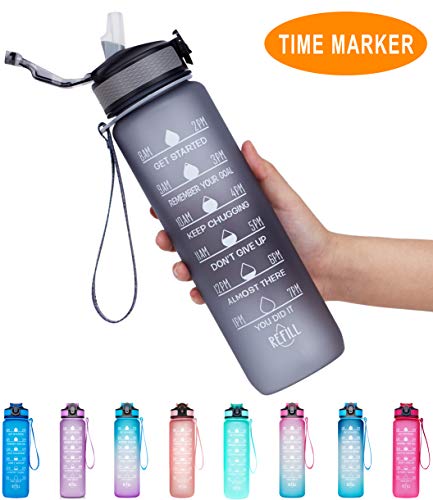 Product Cover Giotto 32oz Large Leakproof BPA Free Drinking Water Bottle with Time Marker & Straw to Ensure You Drink Enough Water Throughout The Day for Fitness and Outdoor Enthusiasts-Gray