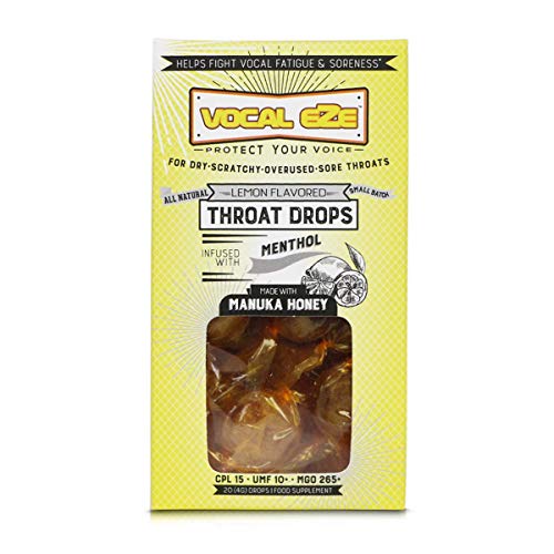 Product Cover Vocal Eze Manuka Honey UMF 10+ (MGO 265+) Menthol Cough Drops (20) | Lozenges to Relieve Sore, Hoarse, Fatigue, Dryness of Throat | Voice Support, All Natural and Organic Ingredients (Lemon)