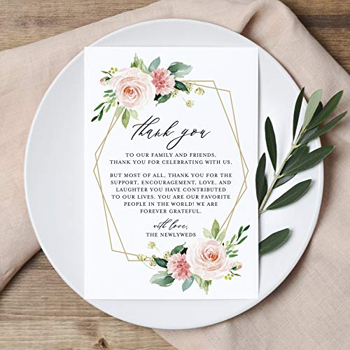 Product Cover Bliss Collections Geometric Blush Floral Wedding Thank You Place Setting Table Cards - Great Addition to Your Centerpiece Decor or Wedding Decorations for Reception, Pack of 50, 4x6 Design