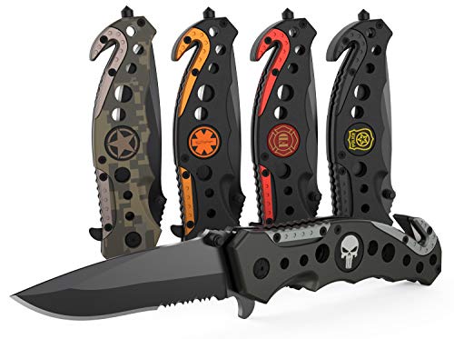 Product Cover 3-in-1 Navy SEAL Skull Tactical Knife for Search & Rescue with Glass Breaker, Seatbelt Cutter and Steel Serrated Blade