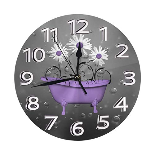 Product Cover Yanghl Purple Gray Daisy Flowers Bubbles Print Round Wall Clock Decorative, 9.8 Inch Silent Non Ticking Home Office School Decorative Clock Art
