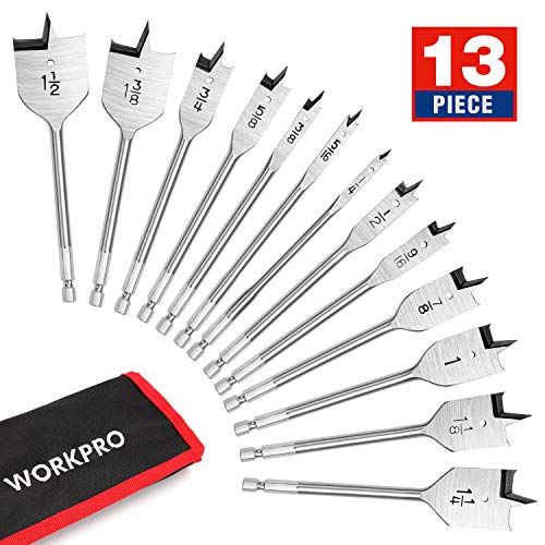 Product Cover WORKPRO 13-Piece Spade Drill Bit Set, Paddle Flat Bits for Woodworking in SAE with Nylon Storage Pouch(Upgrade)