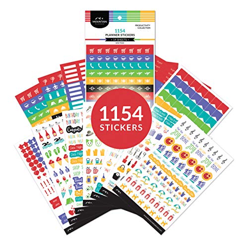 Product Cover Mountain Planner Sticker Set. 1154 Stickers Value Pack. Motivational, Decorative Accessories for Daily, Weekly, Monthly Planners, Journals, Notebooks. Calendar Tabs, Reminders. 14 Sheets. Productivity