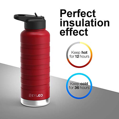 Product Cover REYLEO Insulated Water Bottle with Straw Lid- 32 Oz Red, 2 Lids, 18/8 Stainless Steel Water Bottle, Keep Cold 36 Hours& Hot 12 Hours, Standard Mouth with Straw Lid