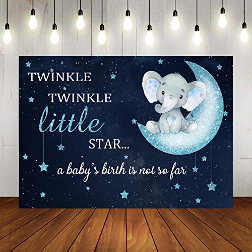 Product Cover Twinkle Twinkle Little Star Baby Shower Backdrop Blue Elephant Photography Backdrop for Boy 7x5ft Vinyl Background Elephant Themed Party Banner