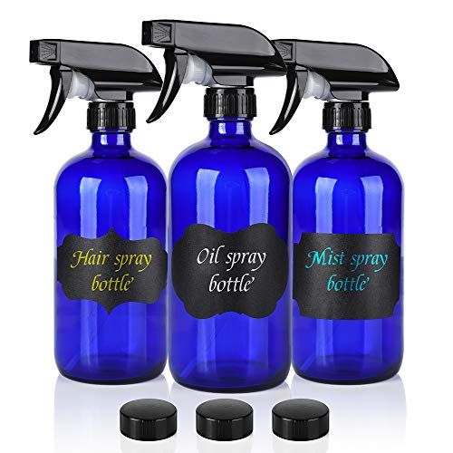 Product Cover Glass Spray Bottle,Empty Cobalt Blue Spray Bottle Refillable Containers, 16oz Spray Bottles for Essential Oils, Cleaning, Aromatherapy, Durable Black Trigger Sprayer Fine Mist and Stream（3 Pack）